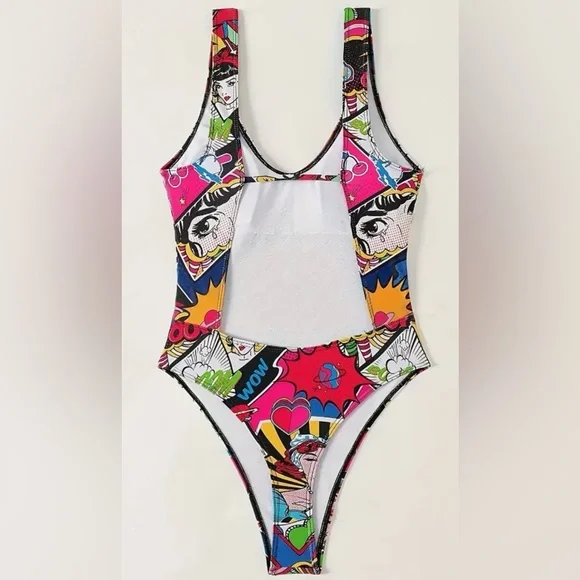 Multicolor Cartoon Print Backless Brazilian One Piece Swimsuit - Picture 6 of 8